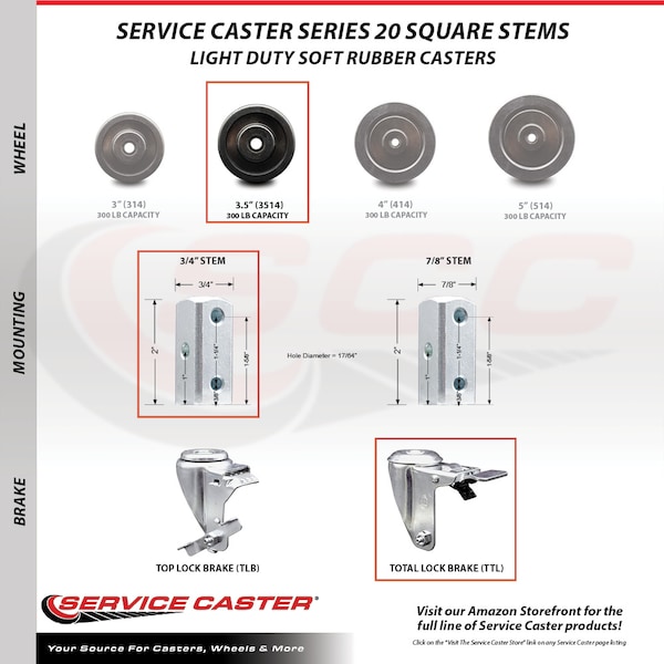 3.5 Inch Soft Rubber Swivel 3/4 Inch Square Stem Caster with Total Lock Brake